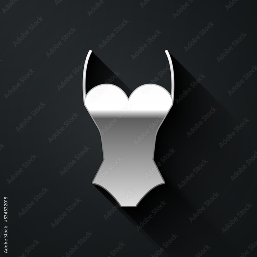 Silver Summer beach swimsuit icon isolated on black background. Beach women fashion. Long shadow style. Vector Silver Summer beach swimsuit icon isolated on black background. Beach women fashion. Long shadow style. Vector