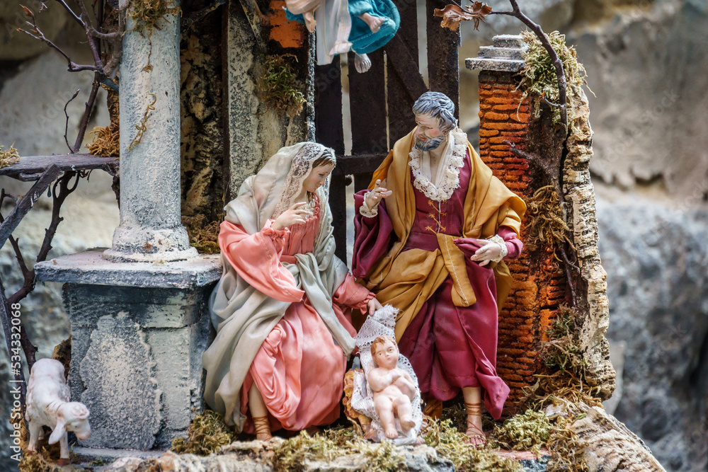 Naples, Campania, Italy December 2016: The art of Neapolitan nativity scene in San Gregorio Armeno, a famous small street in the old town of Napoli - obrazy, fototapety, plakaty 