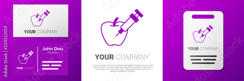 Logotype Genetically modified apple icon isolated on white background. GMO fruit. Syringe being injected to apple. Logo design template element. Vector