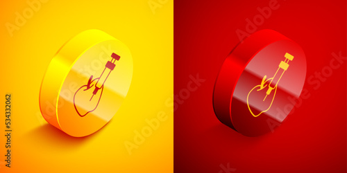 Isometric Genetically modified apple icon isolated on orange and red background. GMO fruit. Syringe being injected to apple. Circle button. Vector