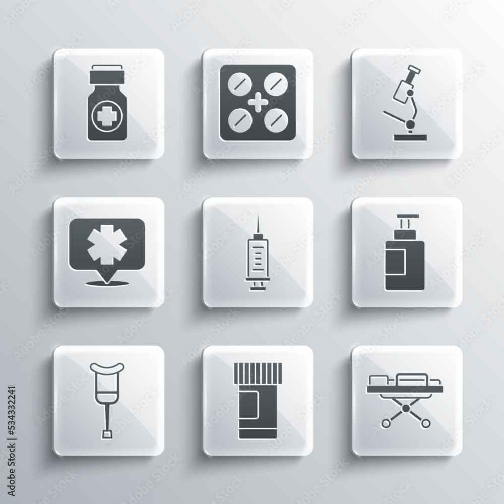 Set Medicine bottle and pills, Stretcher, Hand sanitizer, Syringe, Crutch or crutches, Medical symbol of the Emergency, and Microscope icon. Vector Set Medicine bottle and pills, Stretcher, Hand sanitizer, Syringe, Crutch or crutches, Medical symbol of the Emergency, and Microscope icon. Vector