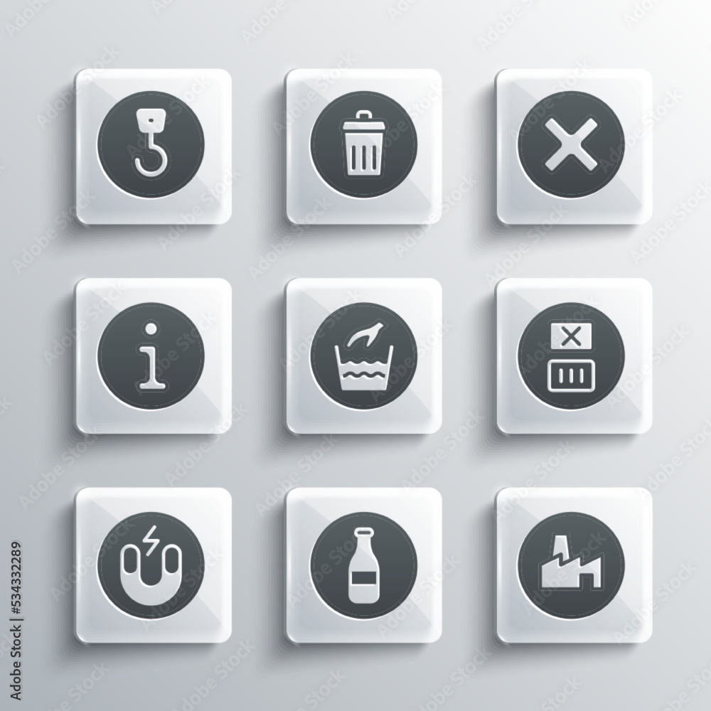 Set Bottle, Factory production, Temperature wash, Hand laundry, Magnet, Information, Industrial hook and X Mark, Cross in circle icon. Vector Set Bottle, Factory production, Temperature wash, Hand laundry, Magnet, Information, Industrial hook and X Mark, Cross in circle icon. Vector