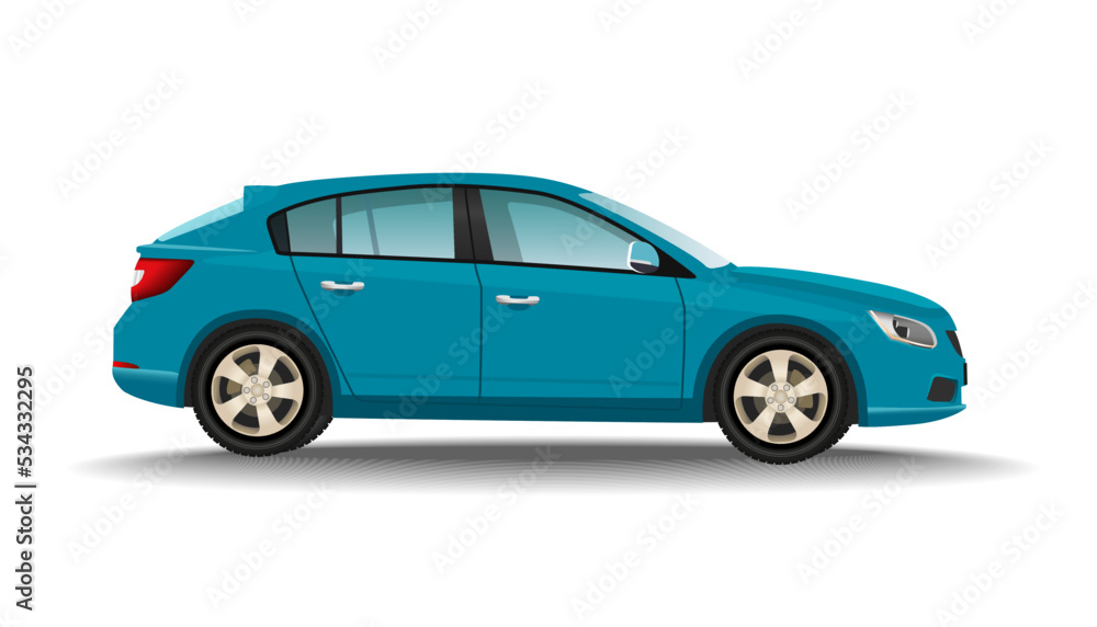 Hatchback turquoise car on white background. Luxury vehicle. Realistic automobile side view. Personal transport concept.