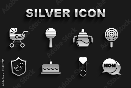 Set Cake with burning candles, Lollipop, Speech bubble mom, Baby clothes pin, on shield, bottle, stroller and Rattle baby toy icon. Vector