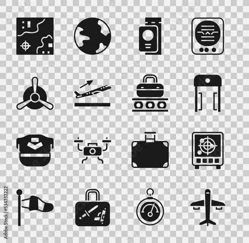 Set Plane, Radar with targets on monitor, Metal detector in airport, Passport ticket, takeoff, propeller, World travel map and Conveyor belt suitcase icon. Vector