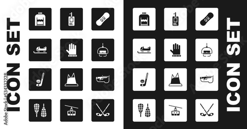 Set Snowboard, Christmas mitten, Sled, sweater, Ski lift, Identification badge, Biathlon rifle and Ice hockey stick and puck icon. Vector