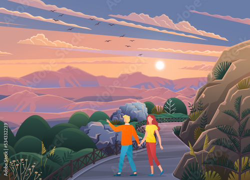 Couple of girl and guy walking in park or countryside, people walk at nature holding hands, woman and man spend leisure time together, outdoors activity, evening view with mountaine landscape