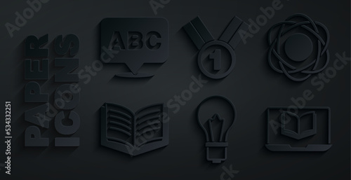Set Light bulb with idea, Atom, Open book, Online class, Medal and Alphabet icon. Vector