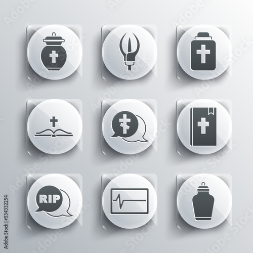 Set Beat dead in monitor, Funeral urn, Holy bible book, Grave with cross, Speech bubble rip death, and icon. Vector