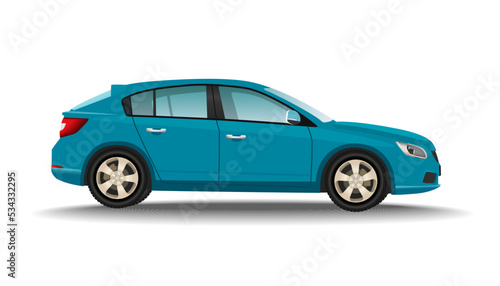 Hatchback turquoise car on white background. Luxury vehicle. Realistic automobile side view. Personal transport concept.