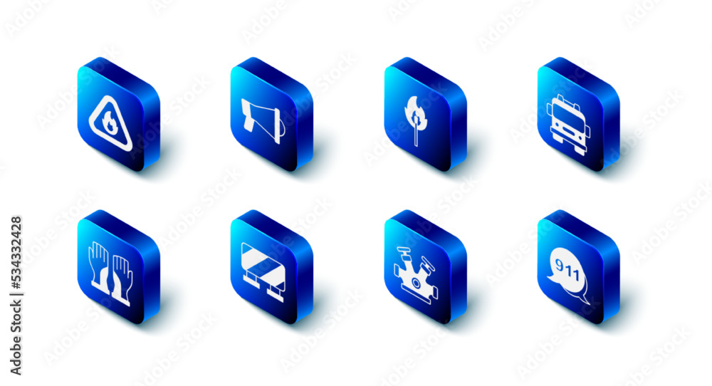 Set Megaphone, Burning match with fire, Fire truck, Emergency call 911, hydrant, Road barrier, Firefighter gloves and flame triangle icon. Vector Set Megaphone, Burning match with fire, Fire truck, Emergency call 911, hydrant, Road barrier, Firefighter gloves and flame triangle icon. Vector