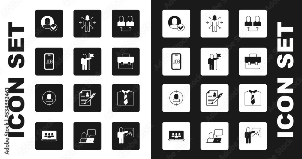 Set Exchange work, Man holding flag, Search job, Worker, Briefcase, Multitasking manager working, Tie and Head hunting icon. Vector Set Exchange work, Man holding flag, Search job, Worker, Briefcase, Multitasking manager working, Tie and Head hunting icon. Vector