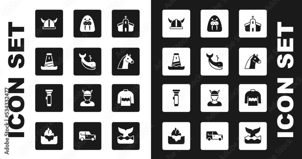 Set Church building, Whale, Lighthouse, Viking horned helmet, Horse, Walrus animal, Sweater and Flashlight icon. Vector Set Church building, Whale, Lighthouse, Viking horned helmet, Horse, Walrus animal, Sweater and Flashlight icon. Vector