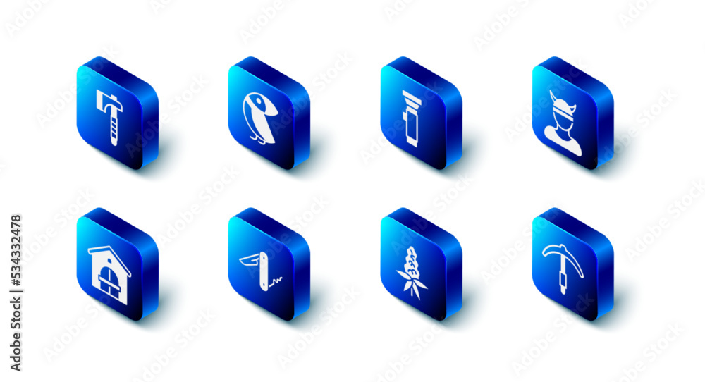 Set Albatross, Flashlight, Viking head, Pickaxe, Lupine flower, Swiss army knife, Farm house and Wooden icon. Vector Set Albatross, Flashlight, Viking head, Pickaxe, Lupine flower, Swiss army knife, Farm house and Wooden icon. Vector