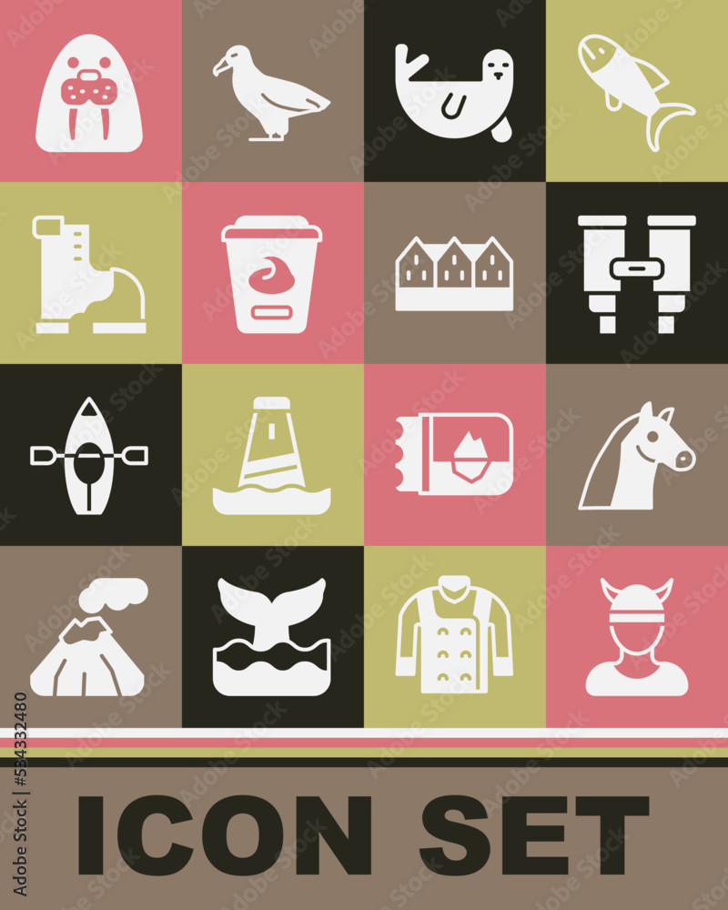 Set Viking head, Horse, Binoculars, Fur seal animal, Yogurt container, Winter warm boot, Walrus and Norwegian wooden house icon. Vector Set Viking head, Horse, Binoculars, Fur seal animal, Yogurt container, Winter warm boot, Walrus and Norwegian wooden house icon. Vector