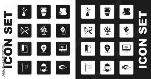 Set Map of Egypt, Coral, Crook and flail, Hookah, Nefertiti, Egyptian vase, Eye Horus on monitor and Papyrus scroll icon. Vector