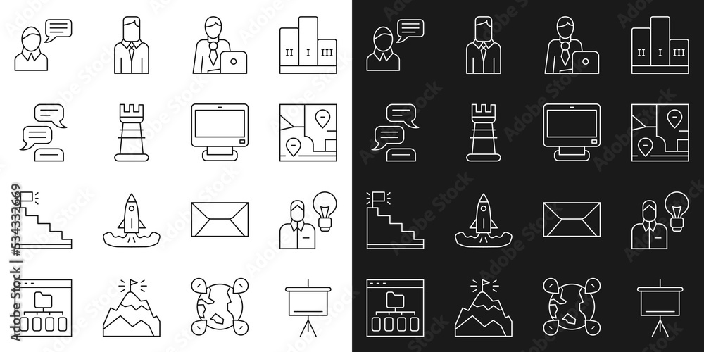 Set line Chalkboard, Human with lamp bulb, Folded map location, Businessman, strategy, Speech bubble chat, and Computer monitor icon. Vector Set line Chalkboard, Human with lamp bulb, Folded map location, Businessman, strategy, Speech bubble chat, and Computer monitor icon. Vector