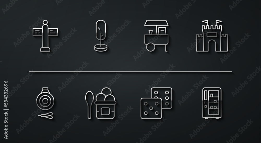 Set line Road traffic signpost, Classic dart board and arrow, Castle, Game dice, Ice cream in bowl, Tree, Vending machine and Fast street food cart icon. Vector Set line Road traffic signpost, Classic dart board and arrow, Castle, Game dice, Ice cream in bowl, Tree, Vending machine and Fast street food cart icon. Vector