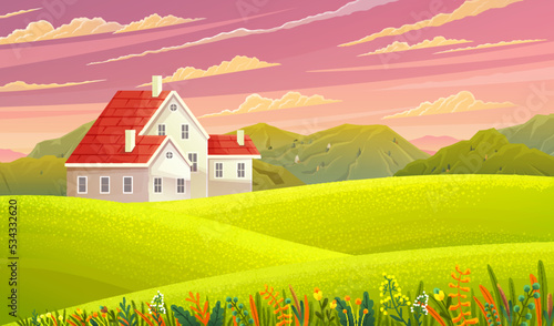 Country house, huge cottage, construction in nature landscape. Building holiday residence pleasant to live and relax. Family house suburban residence. Modern structure dacha at sunny summer day