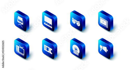Set Cinema auditorium with screen, Comedy and tragedy masks, Online play video, Megaphone, CD DVD disk, ticket, Retro tv and Director movie chair icon. Vector