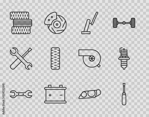 Set line Wrench spanner, Screwdriver, Windscreen wiper, Car battery, tire wheel, headlight and spark plug icon. Vector