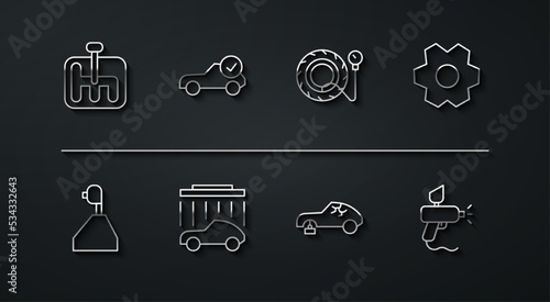 Set line Gear shifter, Broken car, Car wash, Auto service check automotive, Paint spray gun and Tire pressure gauge icon. Vector