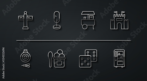 Set line Road traffic signpost, Classic dart board and arrow, Castle, Game dice, Ice cream in bowl, Tree, Vending machine and Fast street food cart icon. Vector