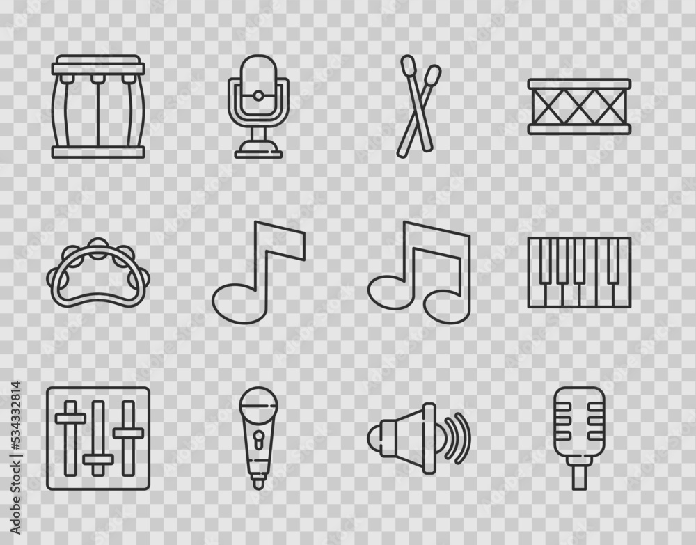 Set line Sound mixer controller, Microphone, Drum sticks, Music note, tone, Speaker volume and Grand piano icon. Vector Set line Sound mixer controller, Microphone, Drum sticks, Music note, tone, Speaker volume and Grand piano icon. Vector