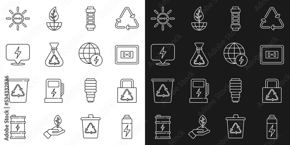 Set line Battery, Paper bag with recycle, Electrical outlet, Garbage, Lightning bolt, Solar energy panel and Global power planet icon. Vector