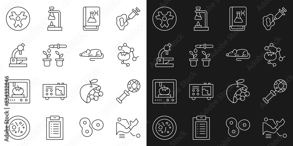 Set line Prosthesis hand, DNA research, search, Genetically modified food, engineering book, Pipette plant, Microscope, Biohazard symbol and Experimental mouse icon. Vector