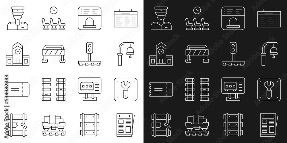 Set line News, Repair of railway, Train station bell, Ticket office to buy tickets, Road barrier, Railway, conductor and traffic light icon. Vector Set line News, Repair of railway, Train station bell, Ticket office to buy tickets, Road barrier, Railway, conductor and traffic light icon. Vector
