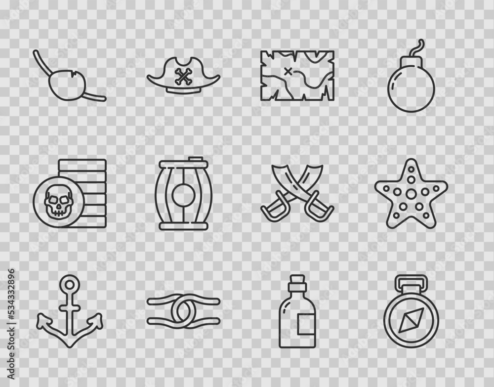 Set line Anchor, Compass, Pirate treasure map, Rope tied in knot, eye patch, Gun powder barrel, Alcohol drink Rum and Starfish icon. Vector Set line Anchor, Compass, Pirate treasure map, Rope tied in knot, eye patch, Gun powder barrel, Alcohol drink Rum and Starfish icon. Vector