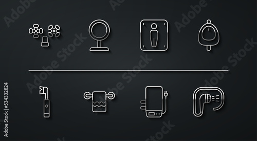 Set line Water tap, Electric toothbrush, Toilet urinal or pissoir, boiler, Towel on hanger, Round makeup mirror, Shower and Male toilet icon. Vector