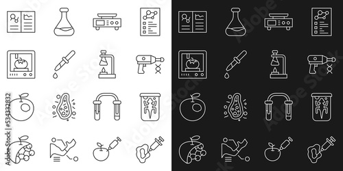 Set line Syringe, Experimental animal, Transfer liquid gun, Electronic scales, Pipette, 3D printing technology, Clinical record and Test tube flask fire icon. Vector