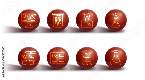 Set line Genetic engineering modification, Pipette and plant, Plant breeding, Genetically modified food, Clinical record, Experimental animal, Test tube flask and Laboratory assistant icon. Vector