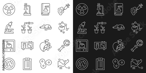 Set line Prosthesis hand, DNA research, search, Genetically modified food, engineering book, Pipette plant, Microscope, Biohazard symbol and Experimental mouse icon. Vector