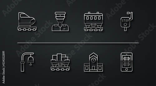Set line High-speed train, Train station bell, Emergency brake, Railway, Cargo wagon, conductor, Buy ticket online and Passenger cars icon. Vector