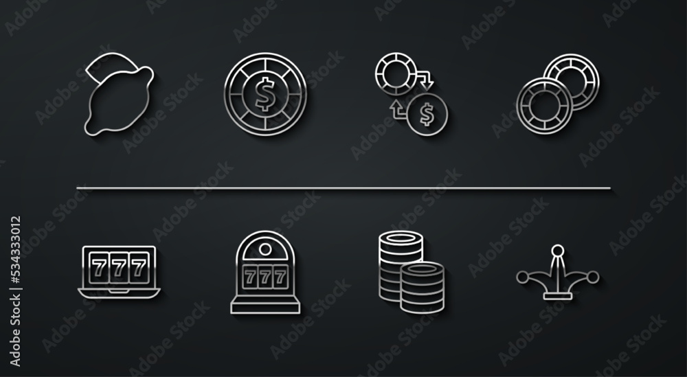 Set line Casino slot machine with lemon, Online jackpot, chips, Slot, Joker playing card and exchange money icon. Vector Set line Casino slot machine with lemon, Online jackpot, chips, Slot, Joker playing card and exchange money icon. Vector