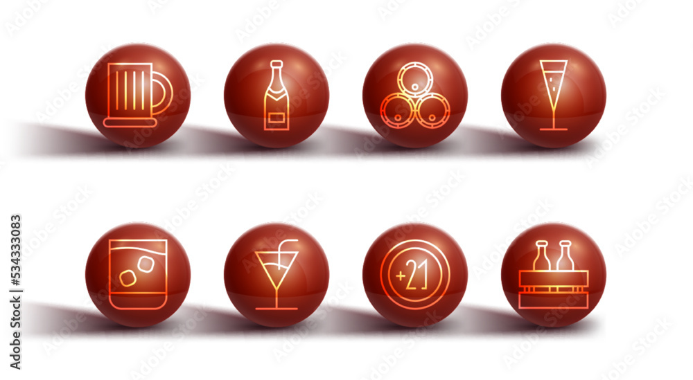 Set line Wooden beer mug, Glass of whiskey, champagne, Alcohol 21 plus, Cocktail, Champagne bottle, Pack bottles and barrels icon. Vector Set line Wooden beer mug, Glass of whiskey, champagne, Alcohol 21 plus, Cocktail, Champagne bottle, Pack bottles and barrels icon. Vector