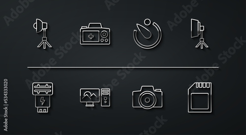 Set line Softbox light, Photo camera flash, retouching, SD card and Camera timer icon. Vector
