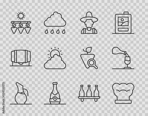 Set line Decanter for wine, Chef hat, Farmer the, Champagne bottle, Drying grapes, Sun and cloud weather, Bottle of and Wine tasting, degustation icon. Vector