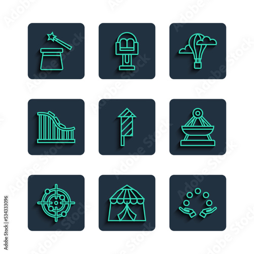 Set line Target sport, Circus tent, Juggling ball, Hot air balloon, Firework rocket, Roller coaster, Magic hat and wand and Boat swing icon. Vector