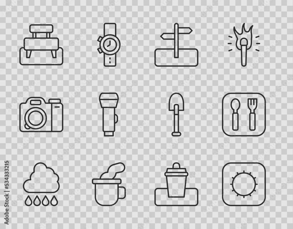 Set line Cloud with rain, Sun, Road traffic sign, Cup of tea, Bench, Flashlight, Trash can and Fork and spoon icon. Vector Set line Cloud with rain, Sun, Road traffic sign, Cup of tea, Bench, Flashlight, Trash can and Fork and spoon icon. Vector