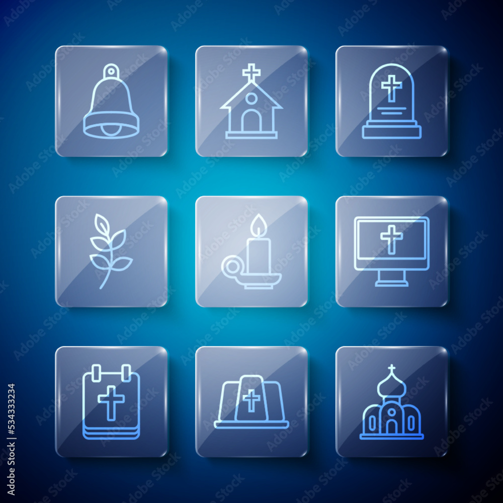 Set line Calendar with Easter, Pope hat, Church building, Grave tombstone, Burning candle candlestick, Willow leaf, bell and Christian cross monitor icon. Vector Set line Calendar with Easter, Pope hat, Church building, Grave tombstone, Burning candle candlestick, Willow leaf, bell and Christian cross monitor icon. Vector