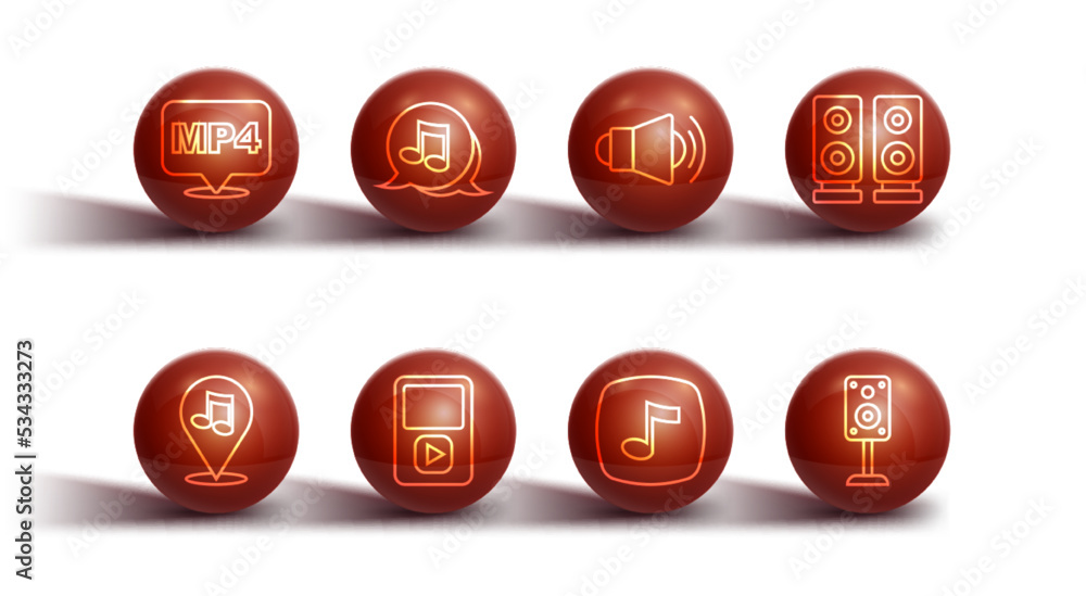 Set line MP4 file document, Location musical note, Stereo speaker, Music tone, player, and Megaphone icon. Vector Set line MP4 file document, Location musical note, Stereo speaker, Music tone, player, and Megaphone icon. Vector