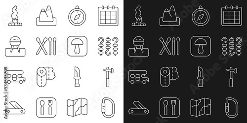 Set line Carabiner, Hammer, Grilled shish kebab on skewer, Compass, Match stick, Barbecue grill, Campfire and Mushroom icon. Vector