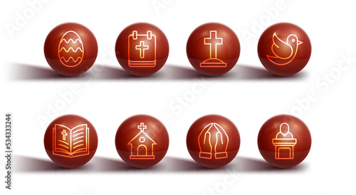 Set line Easter egg, Holy bible book, Dove, Hands in praying position, Church building, Calendar with, pastor preaching and Grave cross icon. Vector