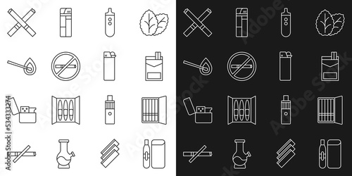 Set line Electronic cigarette, Cigarette case, Cigarettes pack box, No smoking, Burning match with fire, and Lighter icon. Vector