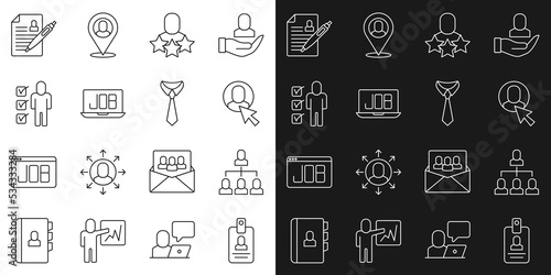 Set line Identification badge, Employee hierarchy, Worker, Productive human, Search job, Resume, and Tie icon. Vector