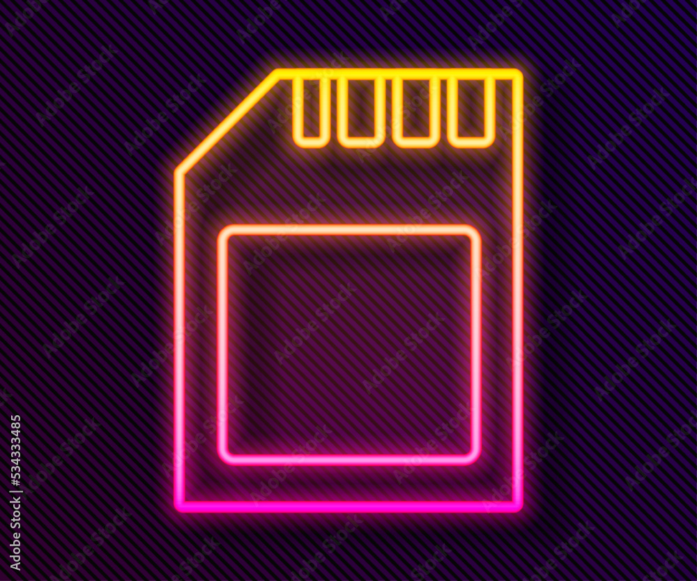 Glowing neon line SD card icon isolated on black background. Memory card. Adapter icon. Vector Glowing neon line SD card icon isolated on black background. Memory card. Adapter icon. Vector